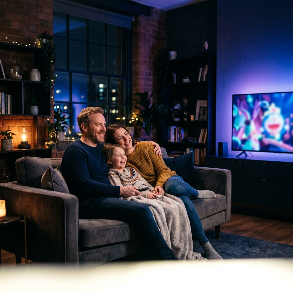 Family watching Xcodes IPTV IPTV on TV